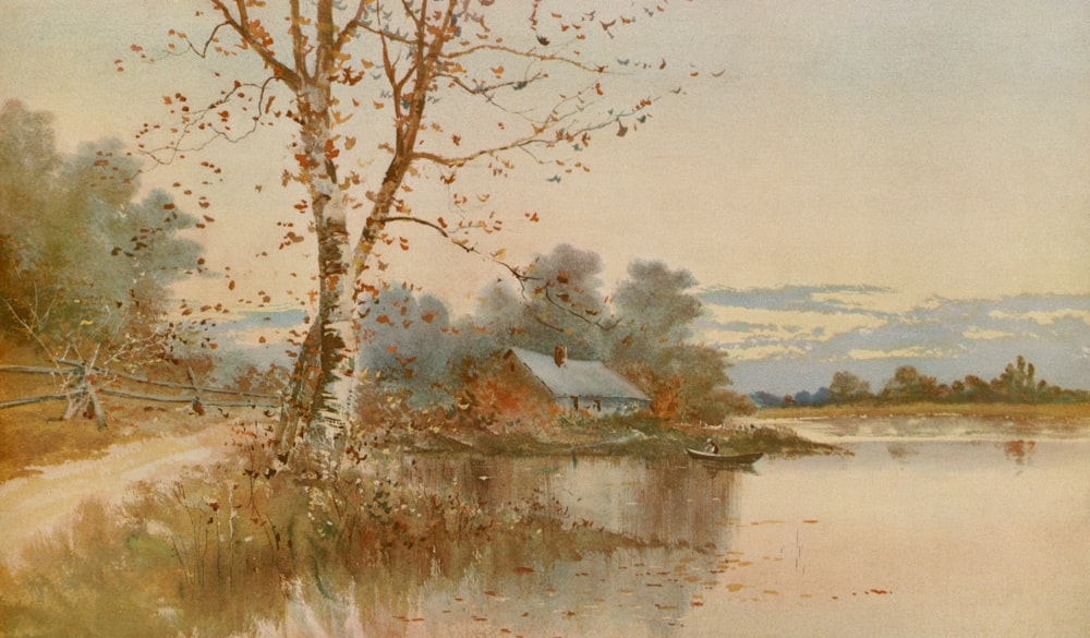 a painting of a lake with a house in the background