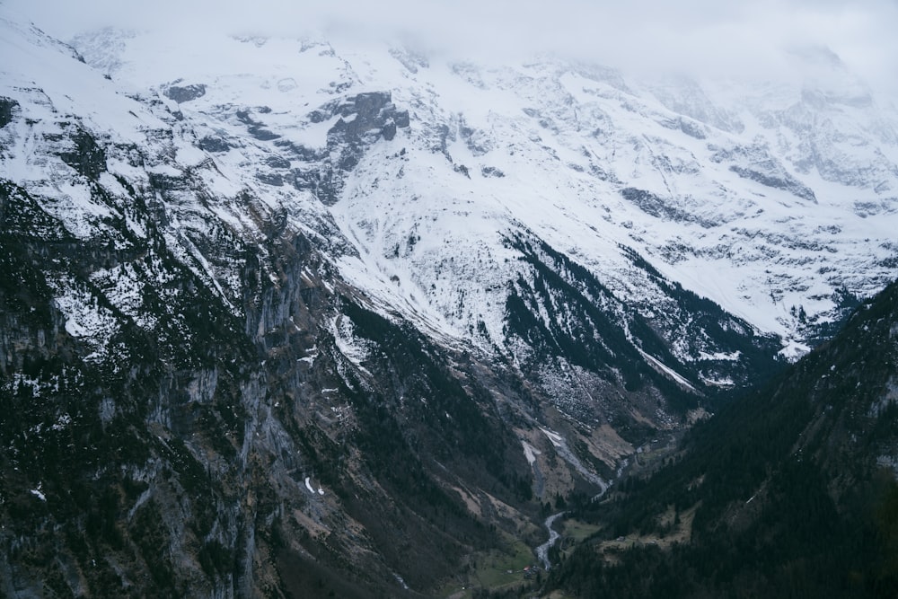 a snowy mountain range with a river running through it