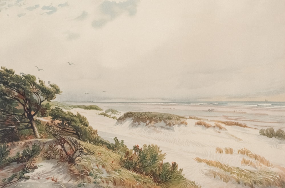 a painting of a beach with sand and trees