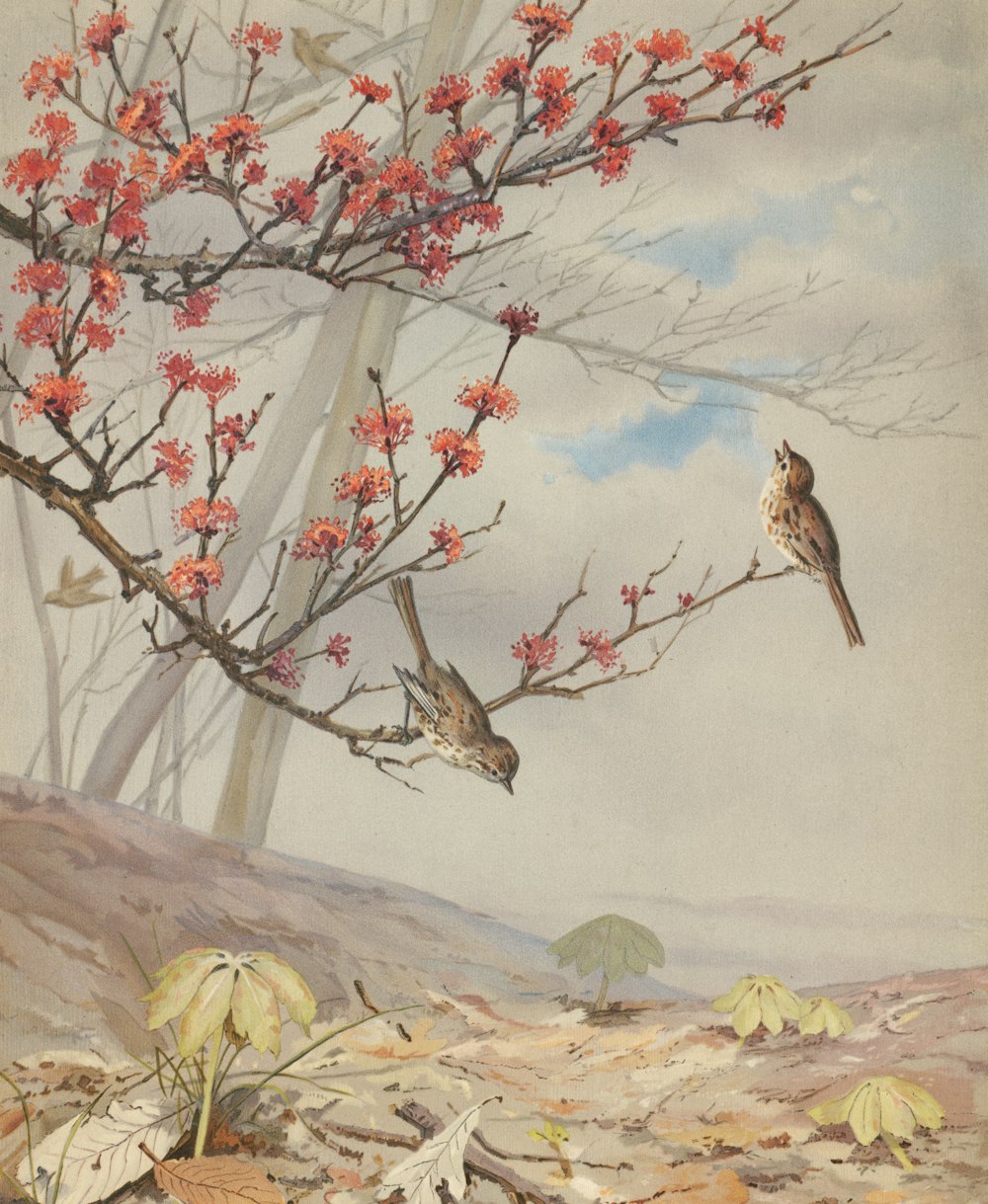 uma pintura de dois pássaros sentados em um galho de árvore