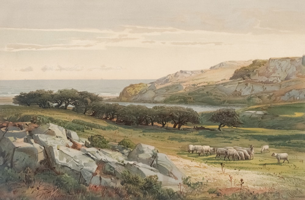 a painting of sheep grazing in a field