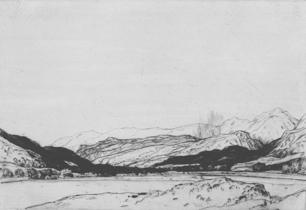 a black and white drawing of a mountain range