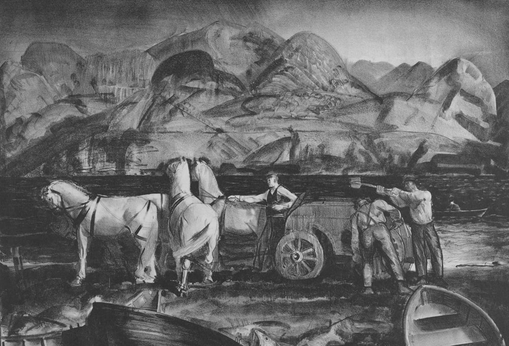 a black and white drawing of two horses pulling a wagon