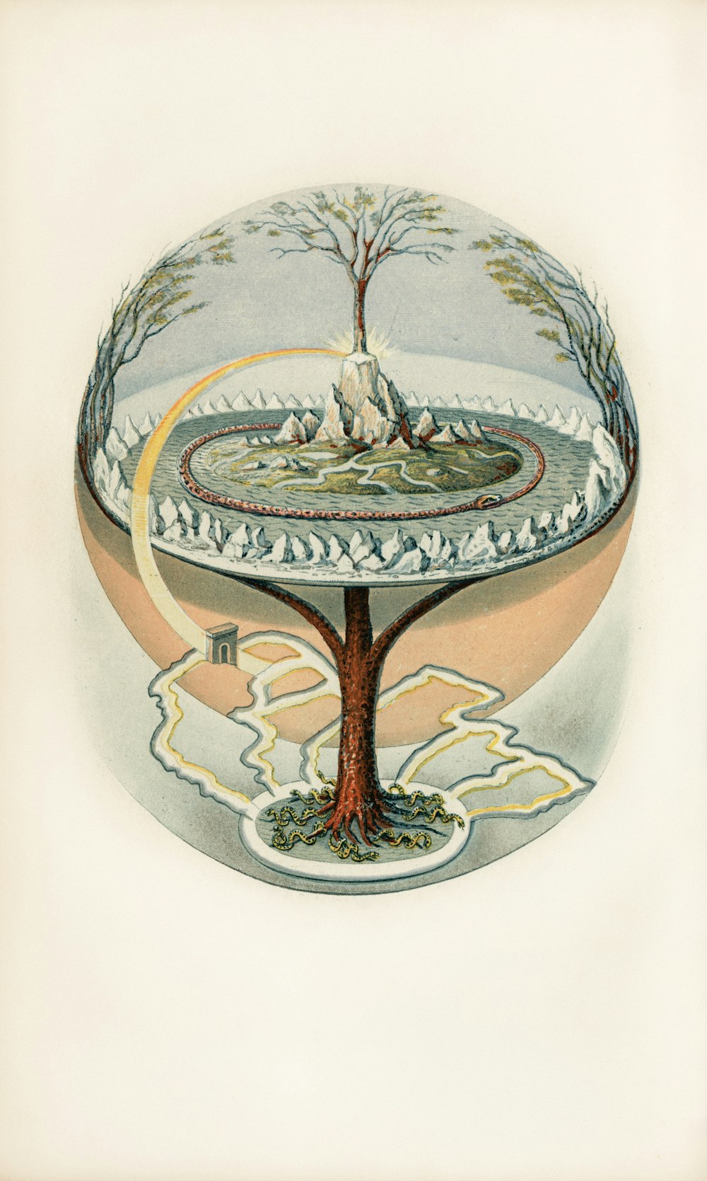 a drawing of a tree with a bowl on top of it