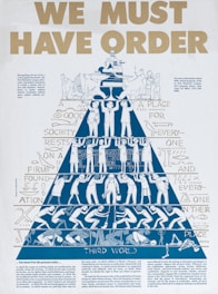 a poster with a pyramid of people standing in front of it