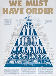 a poster with a pyramid of people standing in front of it