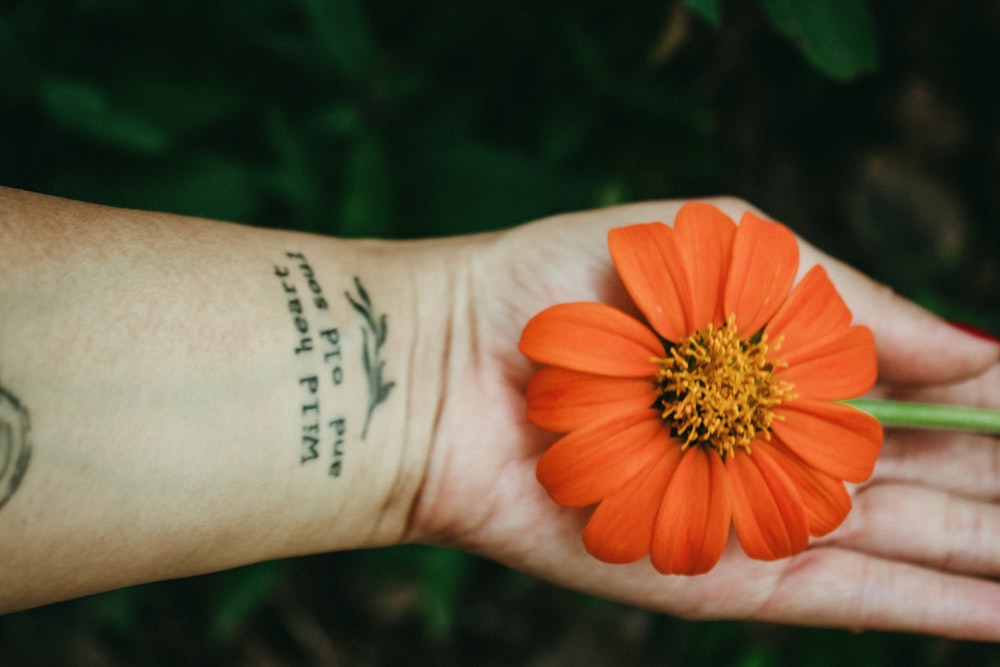 a person with a tattoo on their arm holding a flower