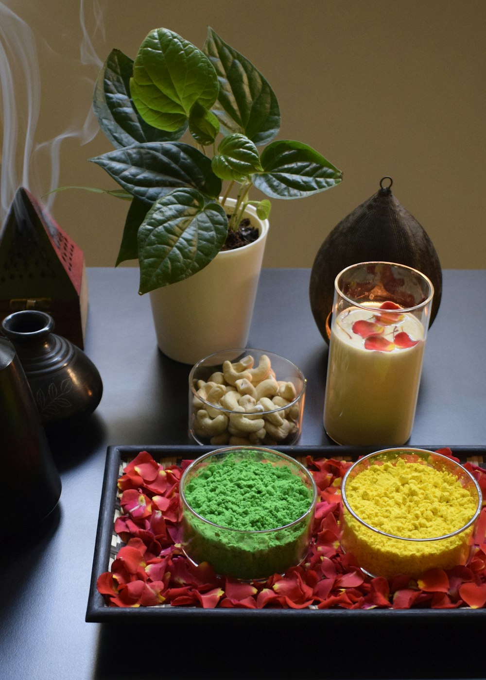 a tray of food on a table next to a potted plant