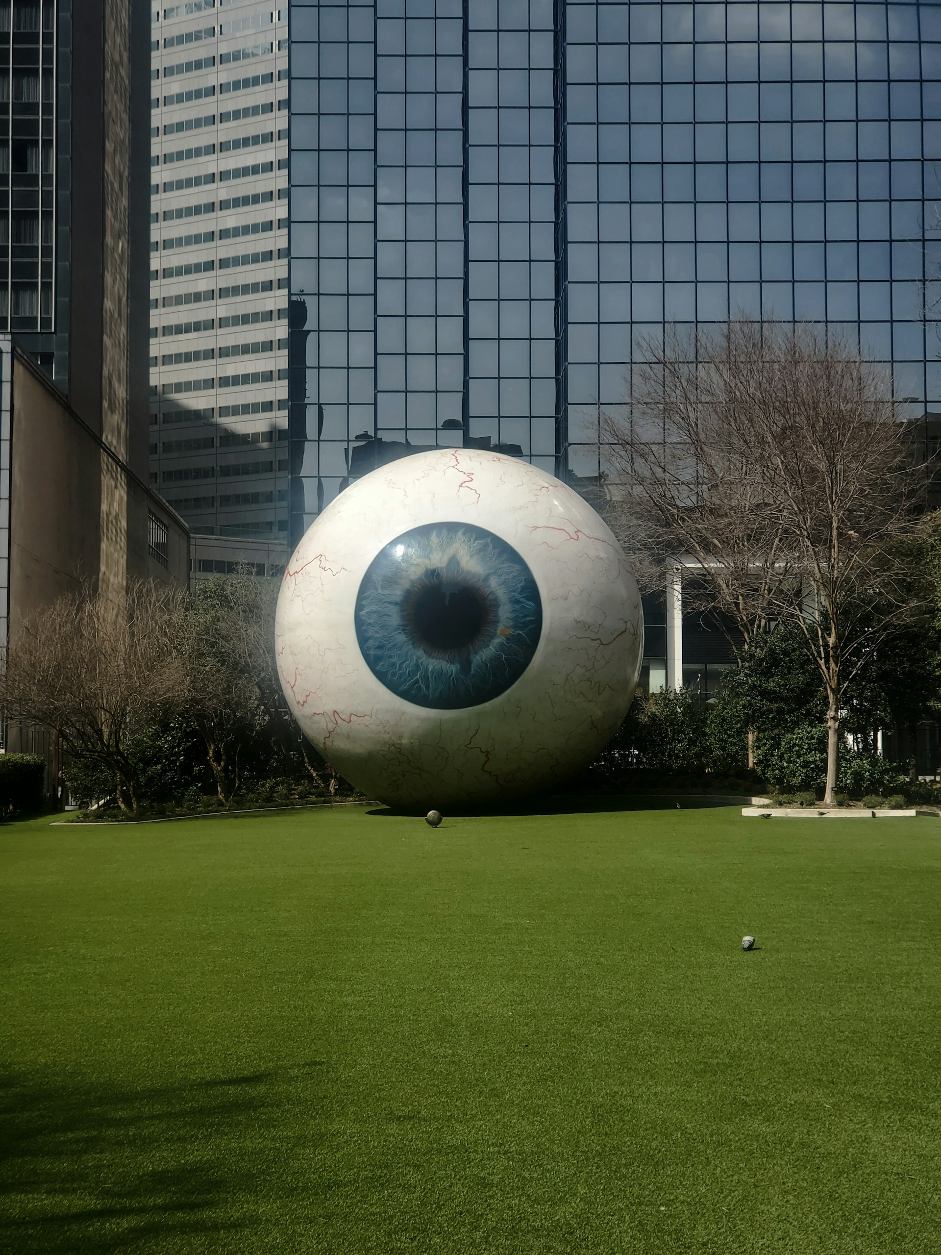 a large eyeball sitting in the middle of a field