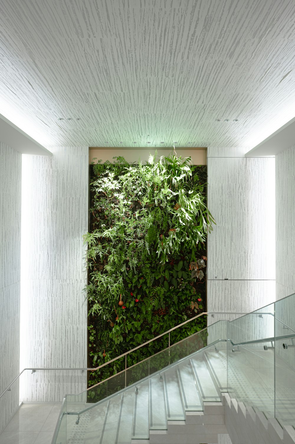 a staircase leading up to a green wall