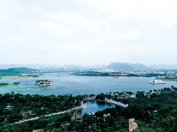 Lake Pichola seen from above, surrounded by trees