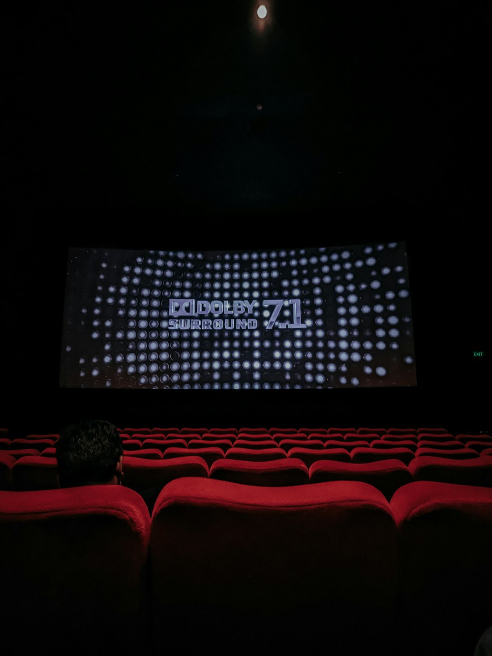 an empty theater with a large screen on the wall