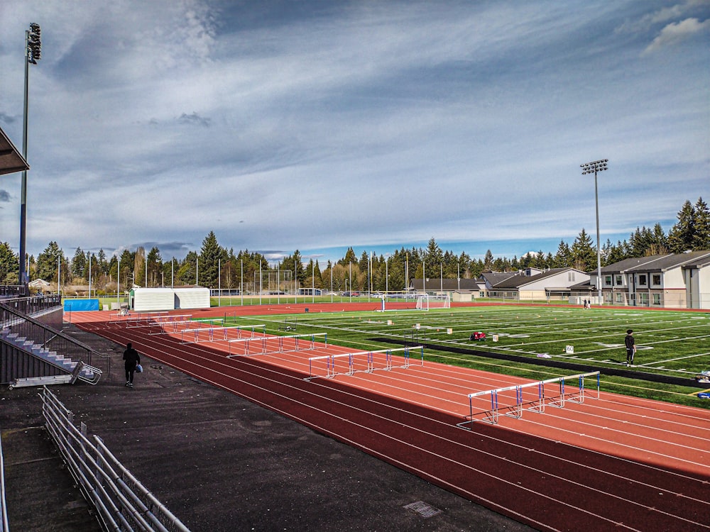 a view of a track from a stadium