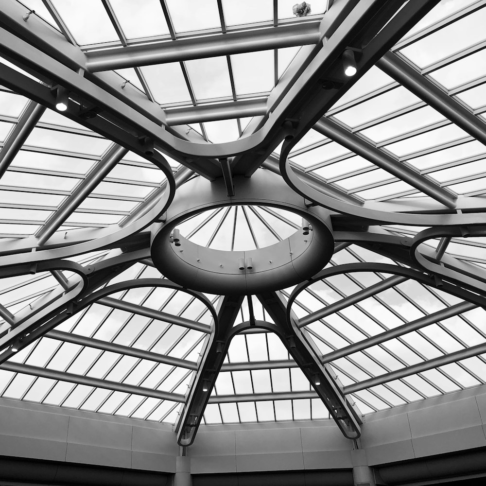 a black and white photo of a glass roof