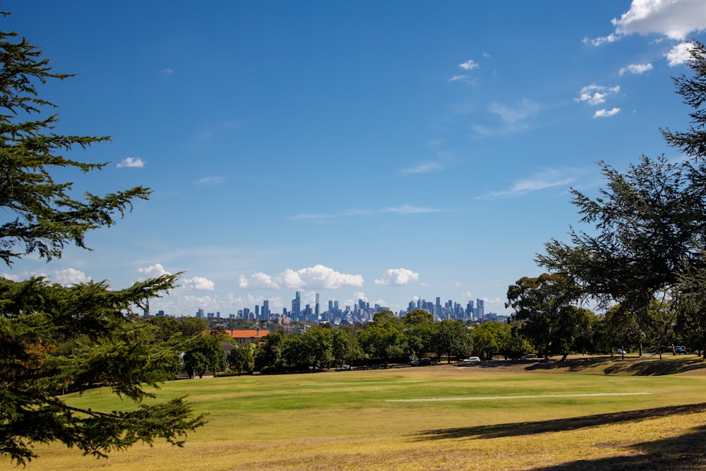 a view of a city from a golf course