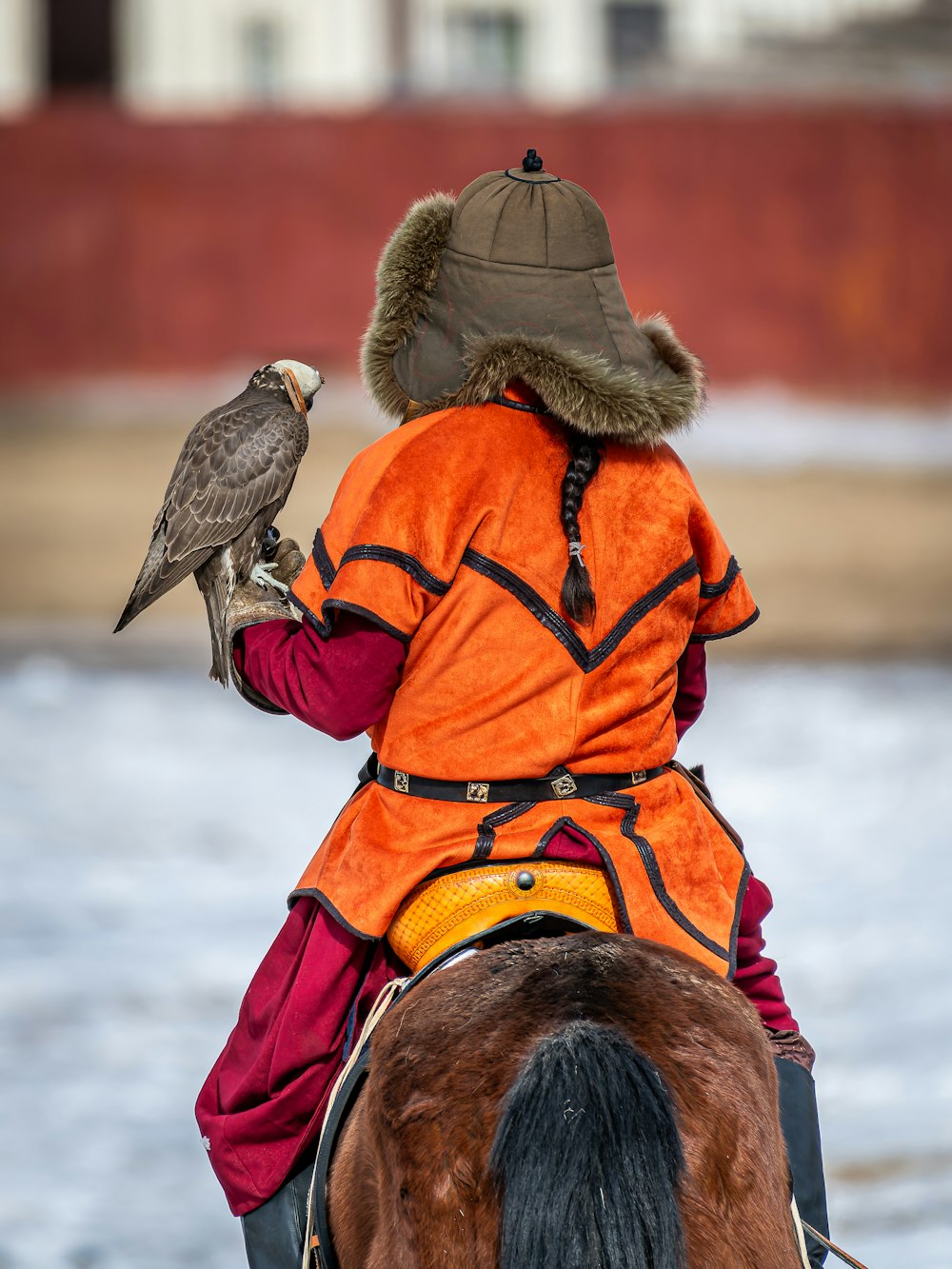 a person on a horse with a bird on their shoulder