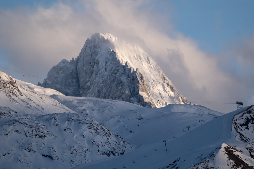 a mountain covered in snow under a cloudy sky