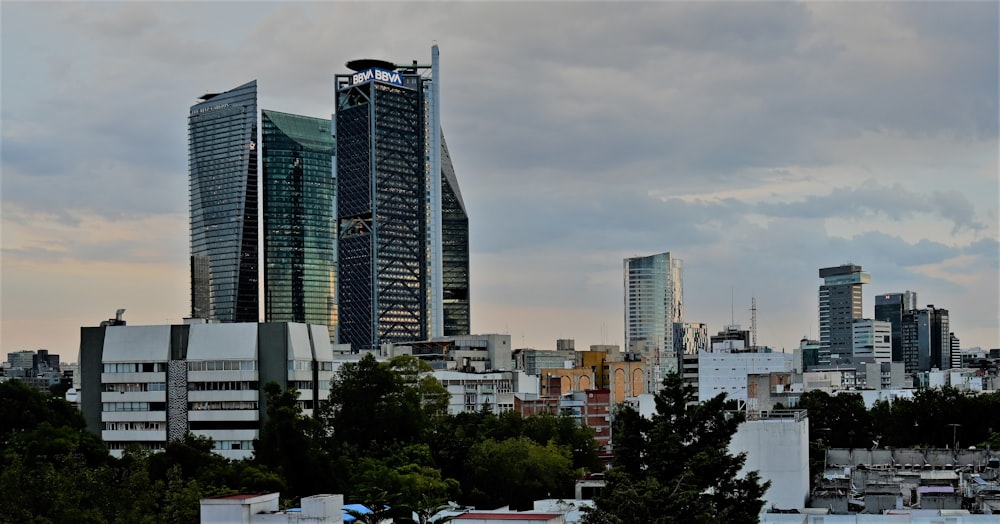 a city skyline with tall buildings and a cloudy sky