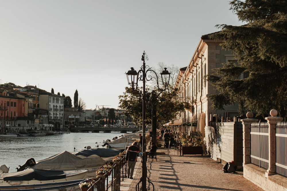 a row of boats sitting on the side of a river