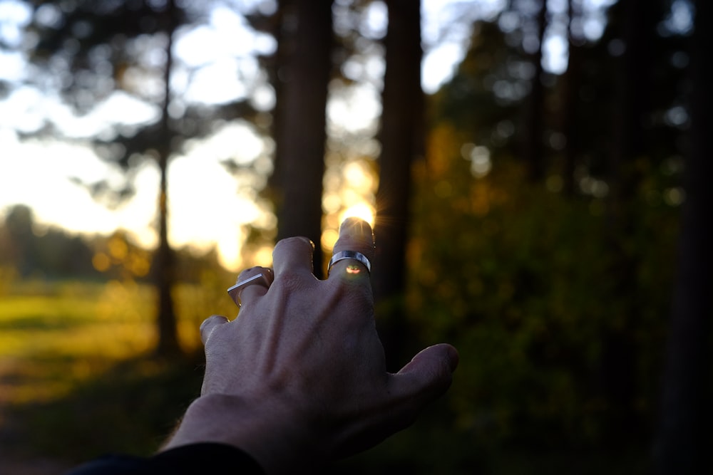 a person's hand holding something in the middle of a forest