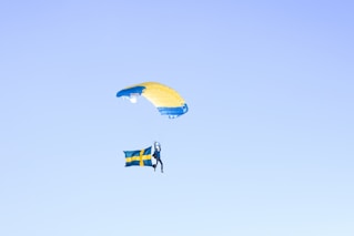 two kites flying in the sky with a swedish flag