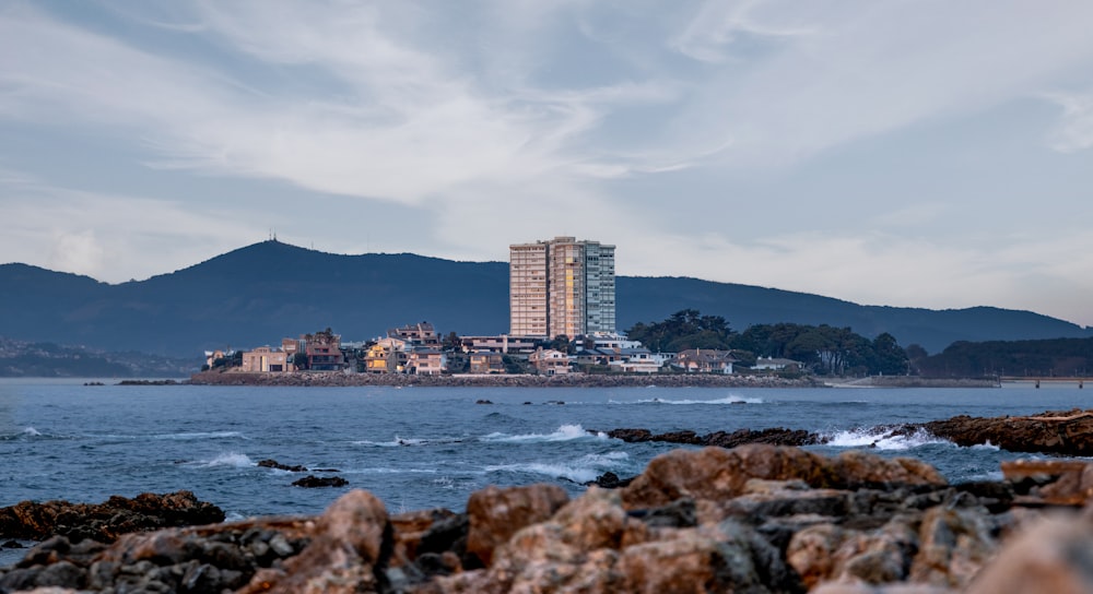 a view of a city from the ocean