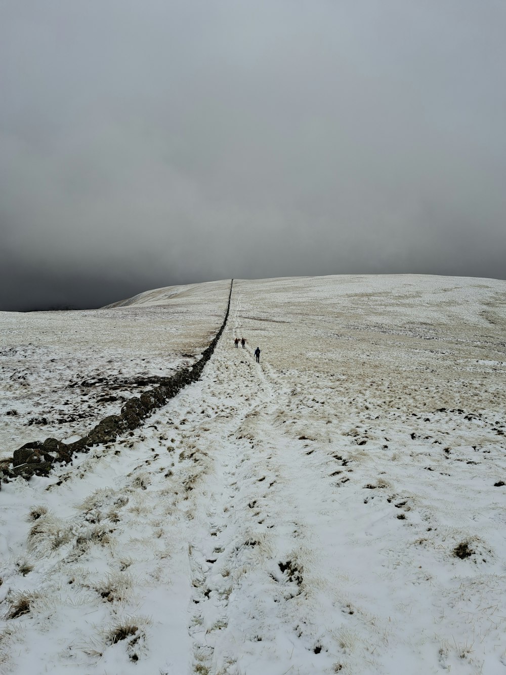 um casal de pessoas caminhando por um campo coberto de neve