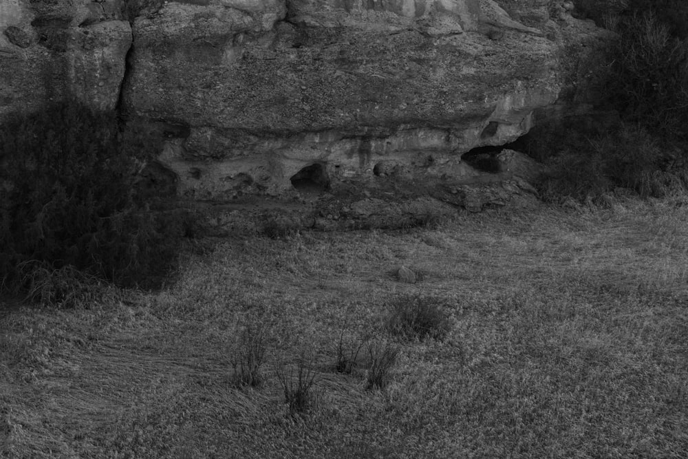 a black and white photo of a rocky outcropping