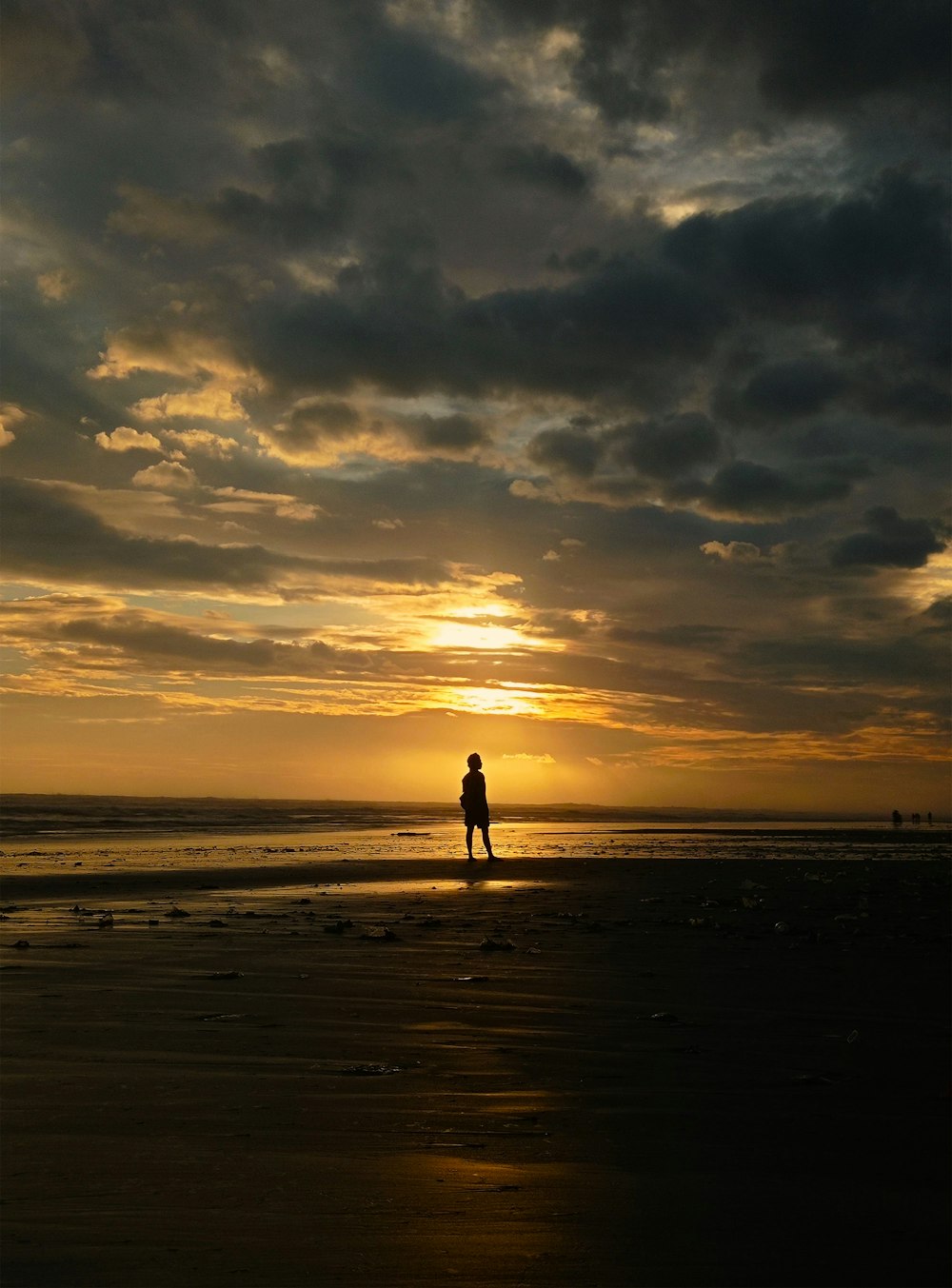 a person standing on a beach at sunset
