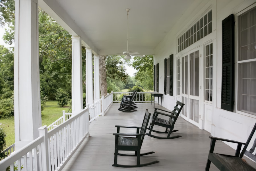 Long Carolina porch with rocking chairs on a James Island home