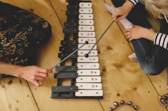 a man and a little girl playing a musical instrument