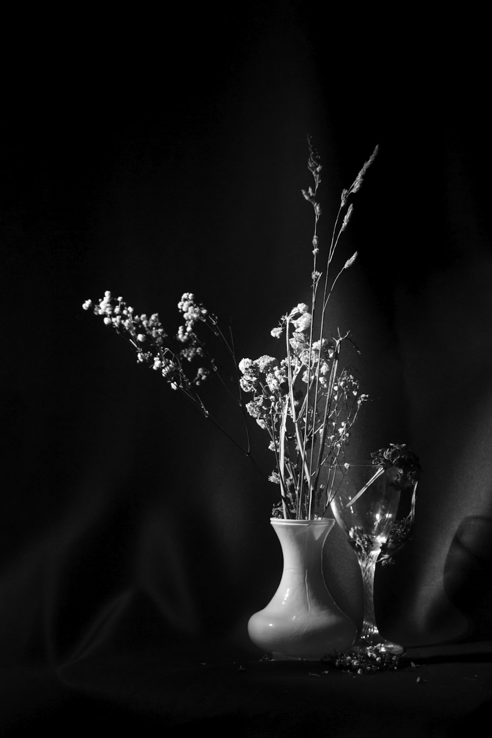 a black and white photo of flowers in a vase