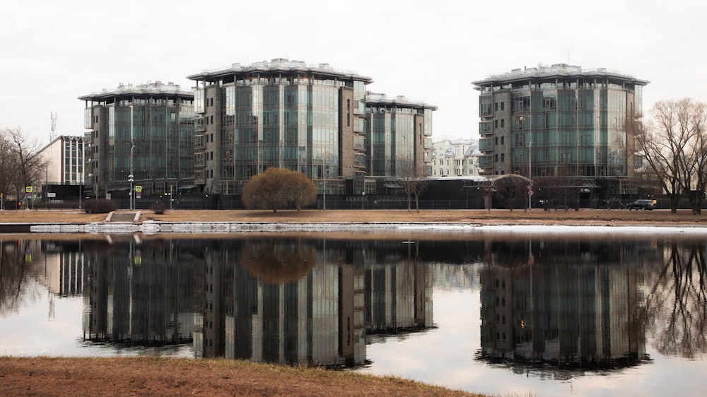 a body of water with buildings in the background