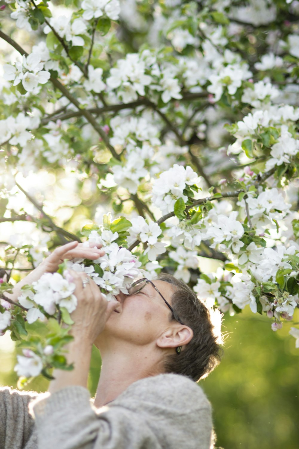 Un hombre huele un árbol con flores blancas