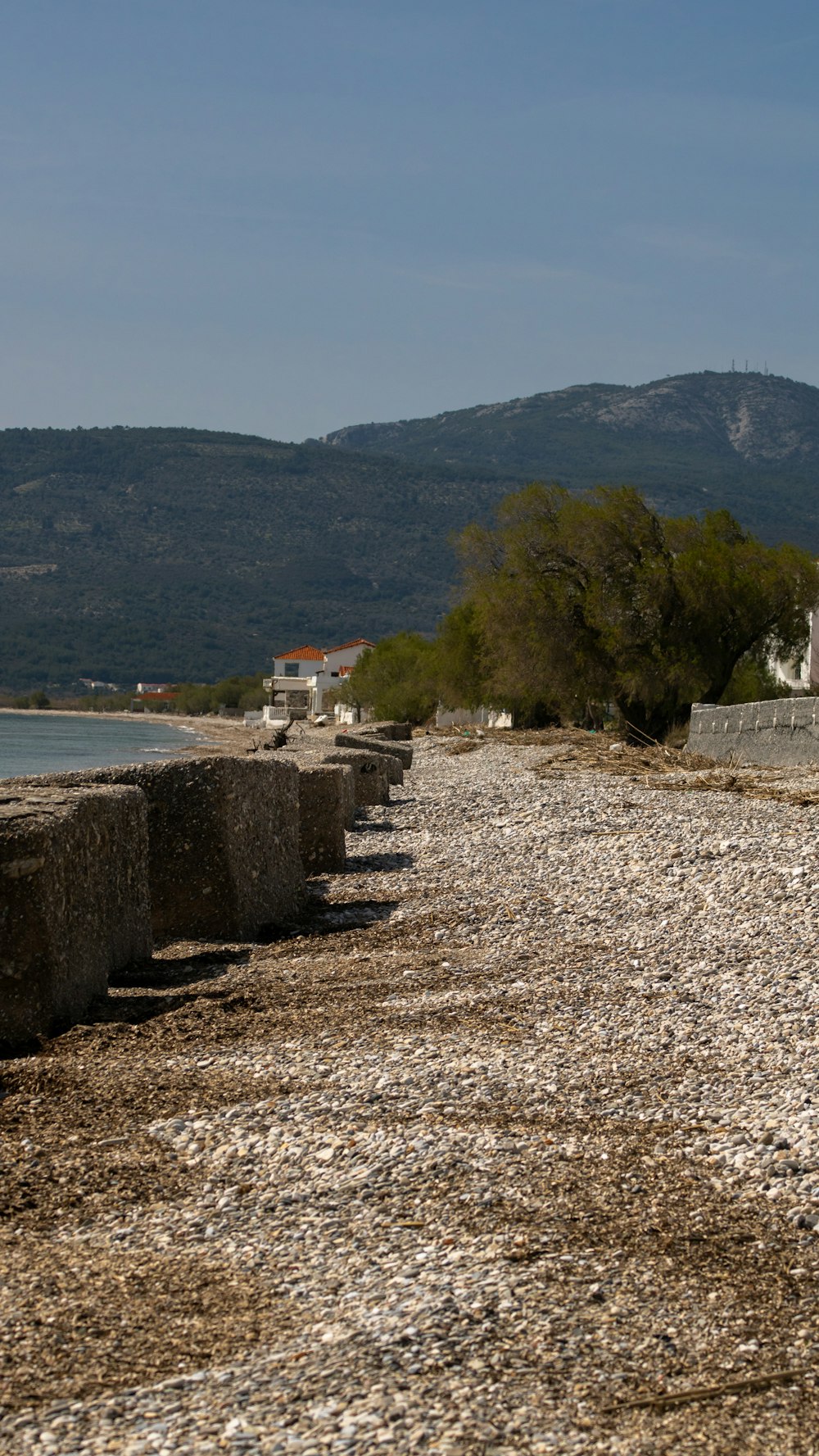 a rocky beach next to a body of water