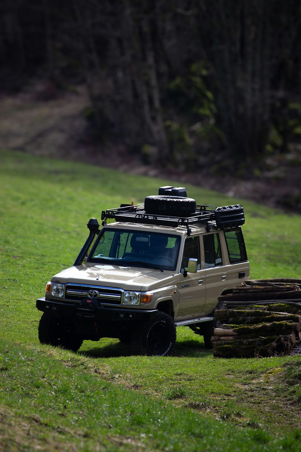 a vehicle parked in a field with a log