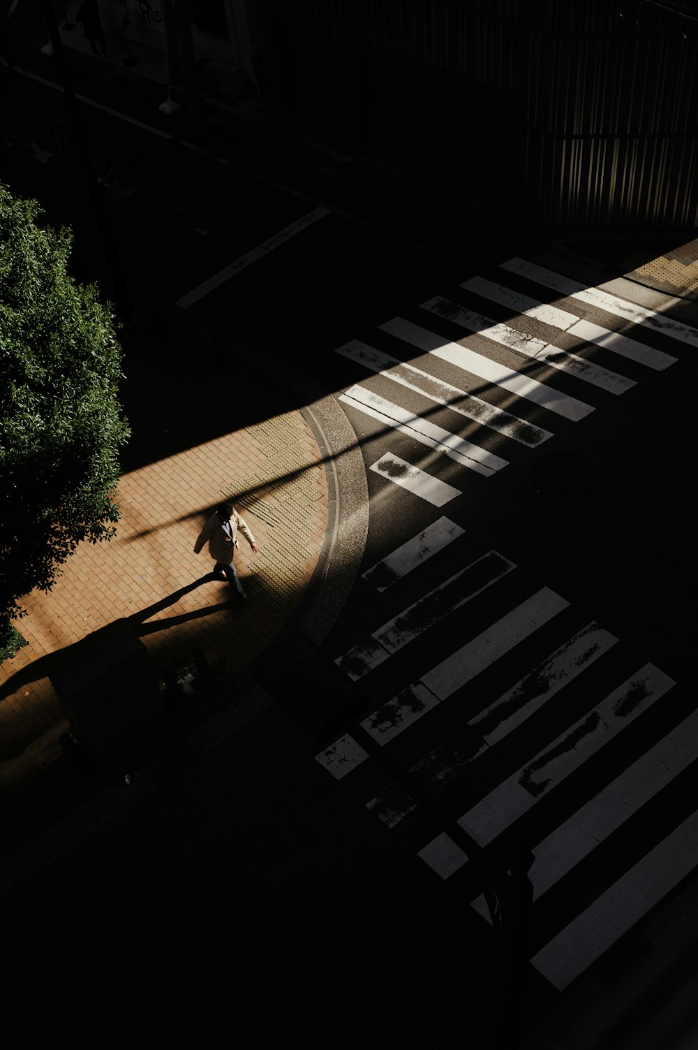 a person walking across a cross walk at night