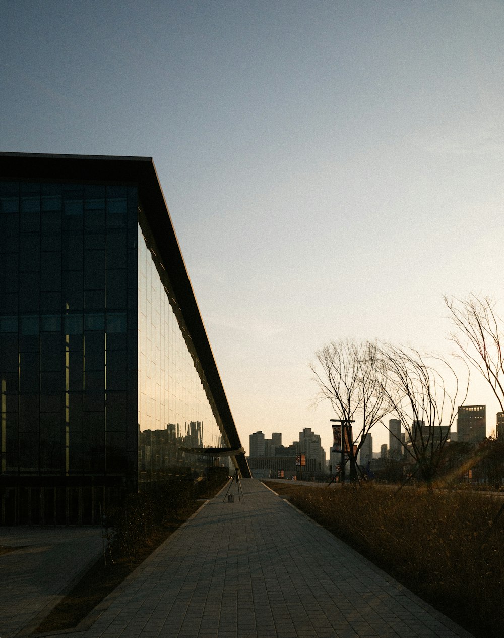 a walkway leading to a tall building with tall buildings in the background