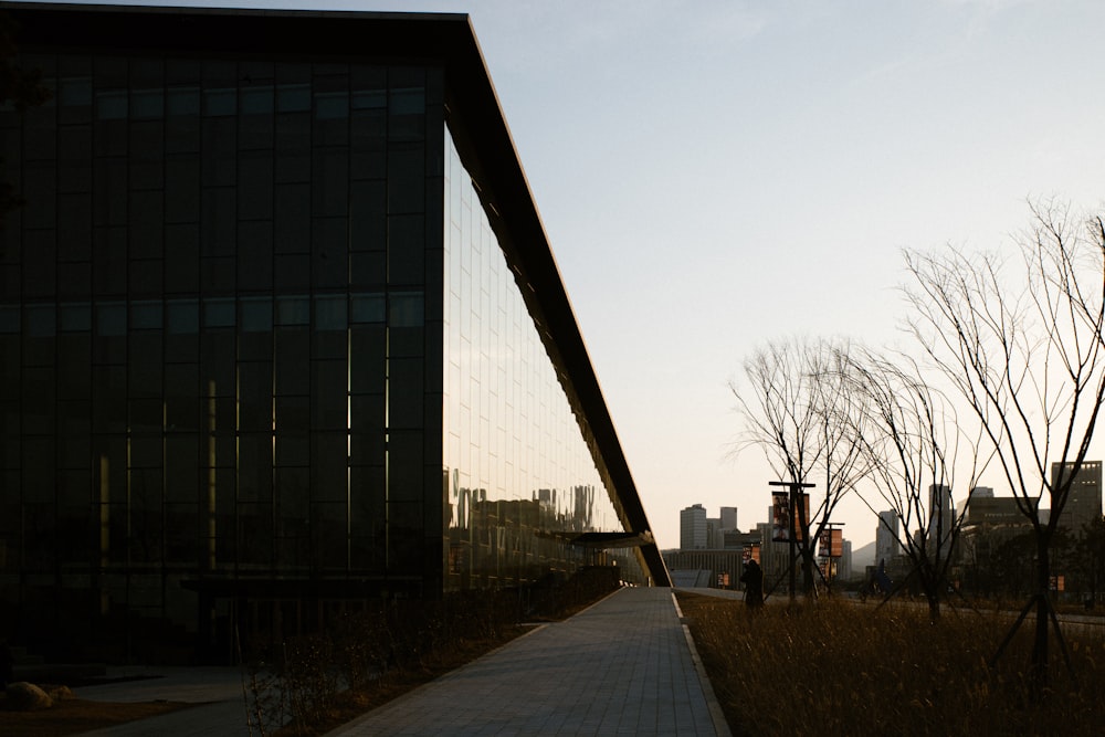 a person walking down a sidewalk next to a tall building