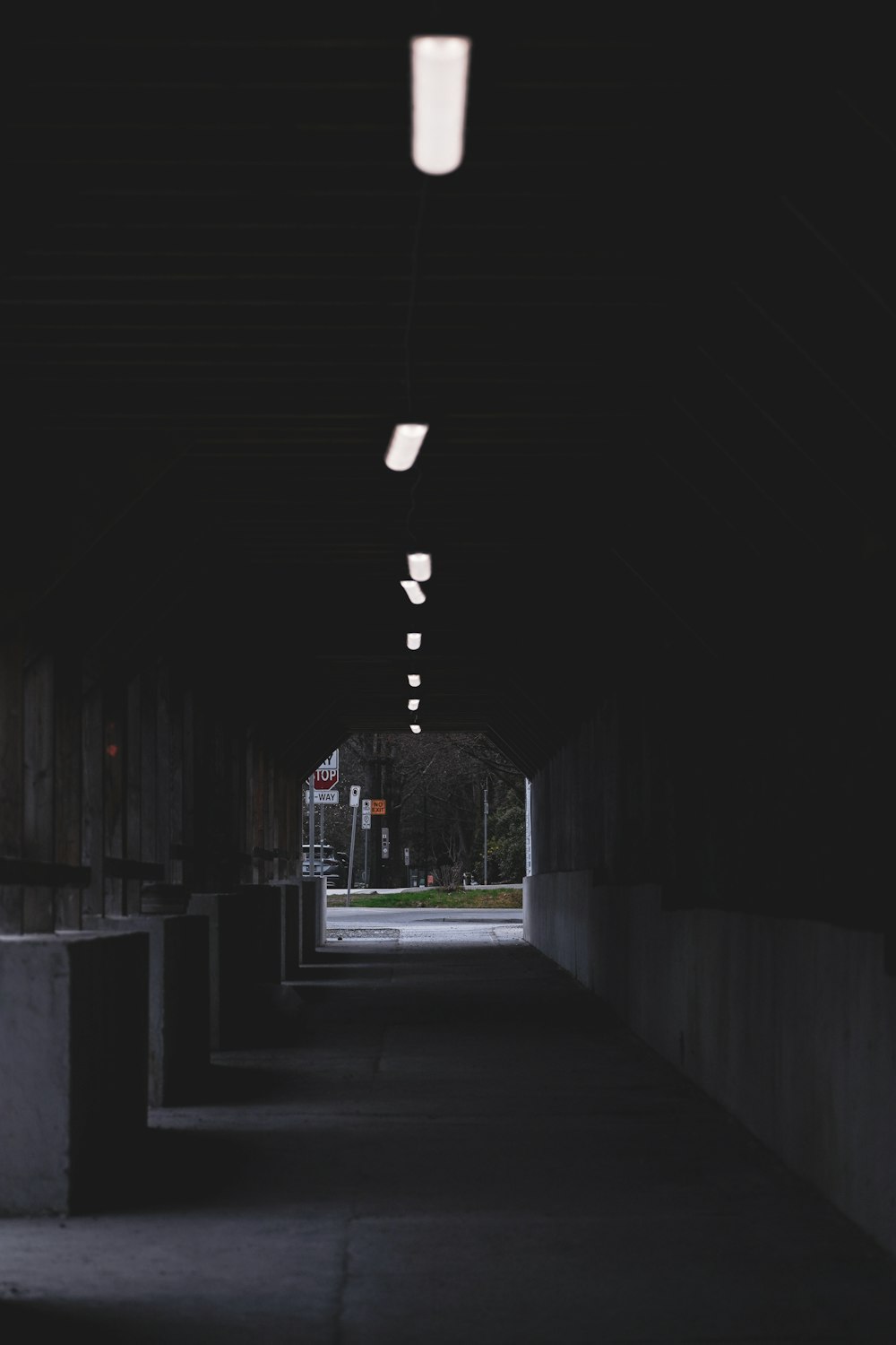 a dark tunnel with lights on the ceiling