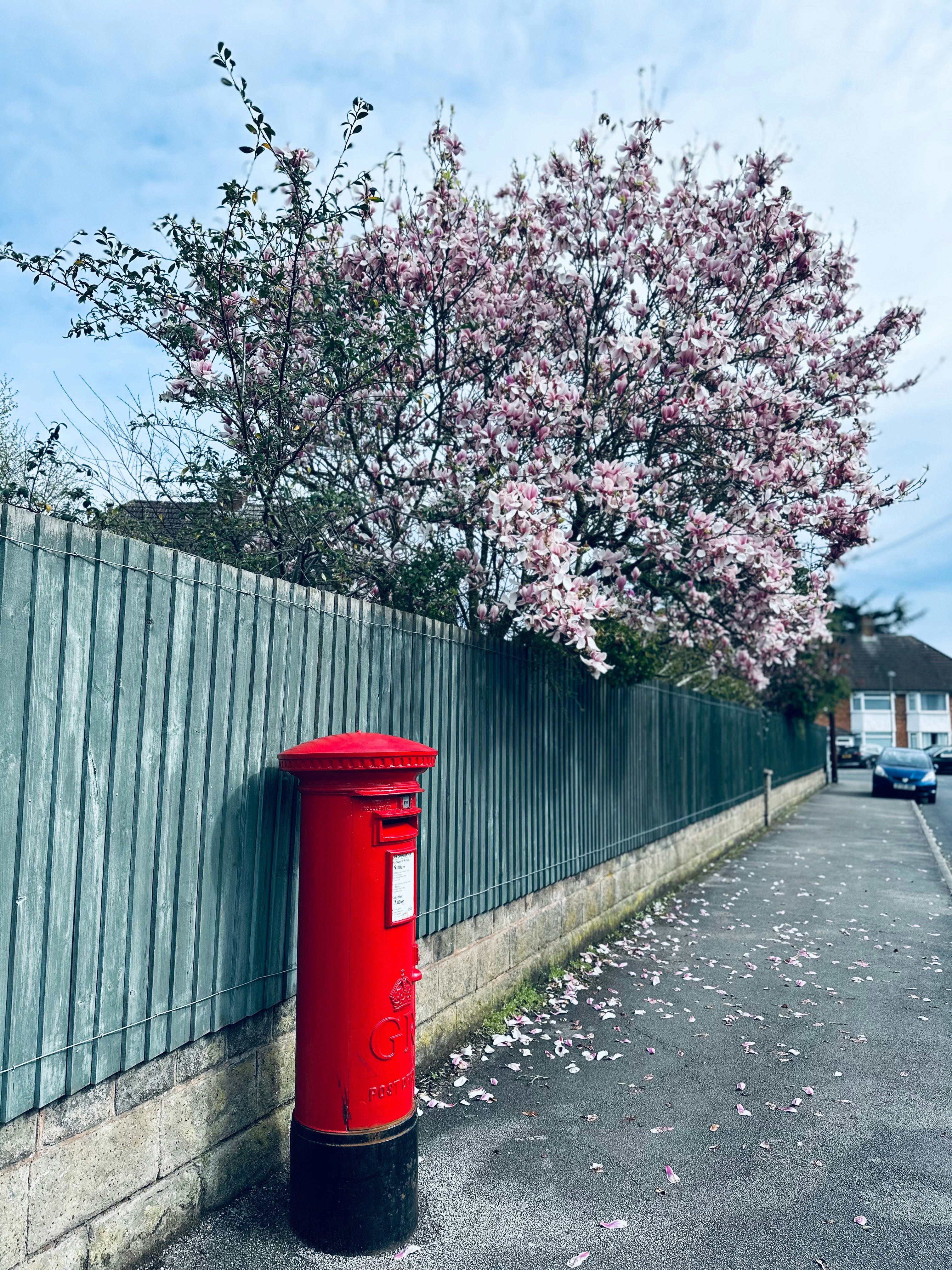 a red mailbox sitting next to a green fence