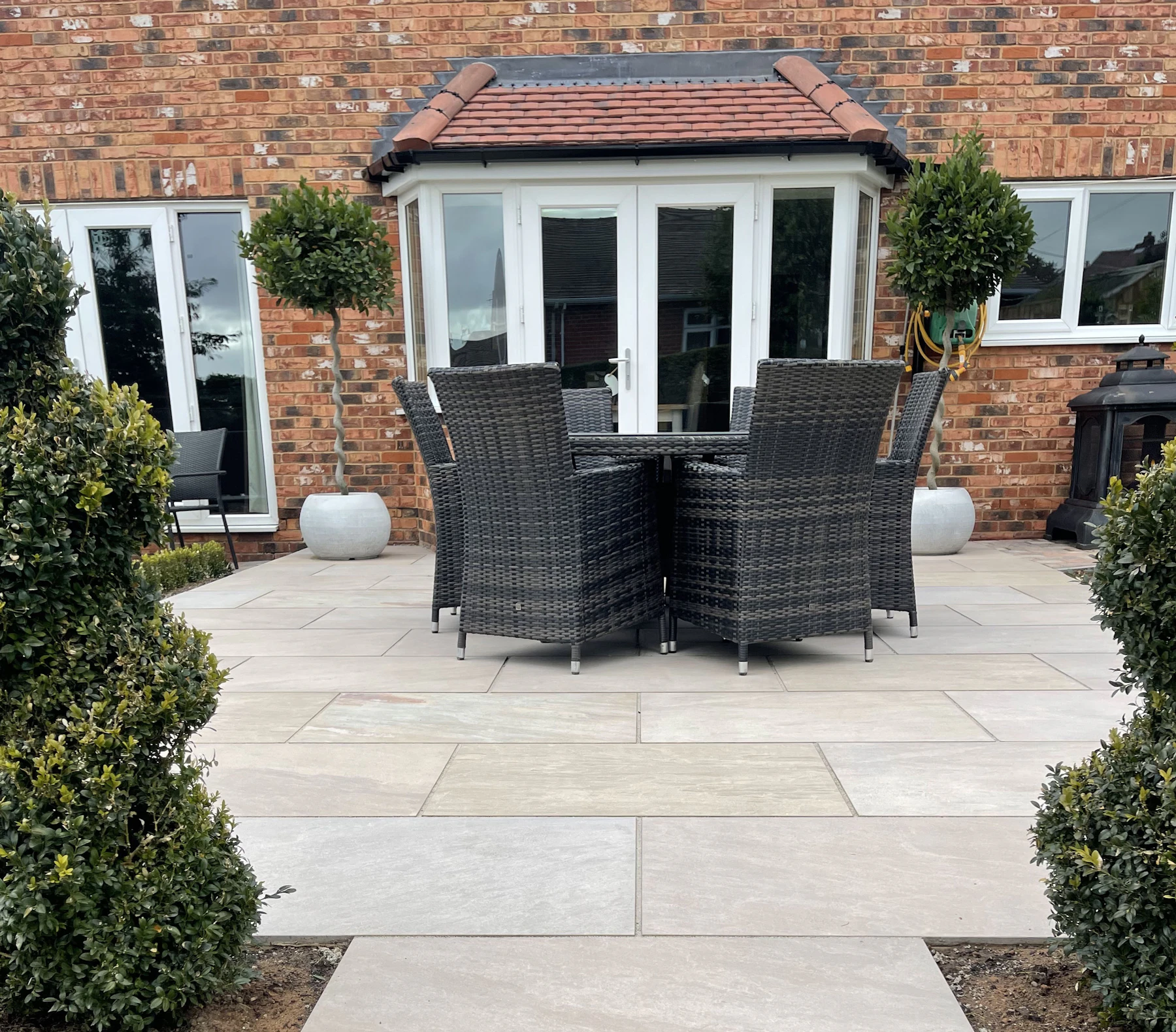 Modern landscaped patio and garden