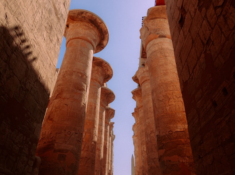 Massive columns of the Hypostyle Hall at Karnak Temple in Luxor