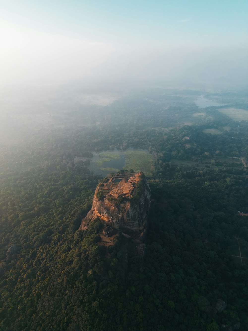 an aerial view of a mountain in the middle of a forest