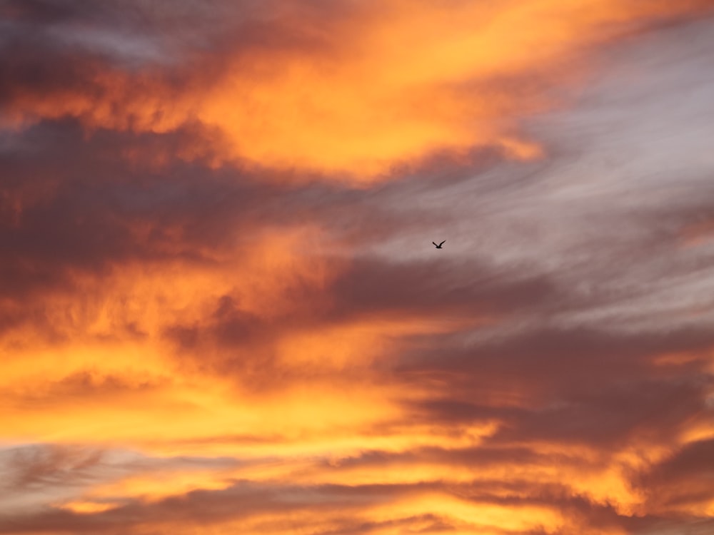 un avion volant dans le ciel au coucher du soleil