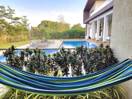 a blue and green hammock sitting next to a swimming pool