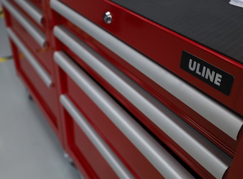 a close up of a red tool box