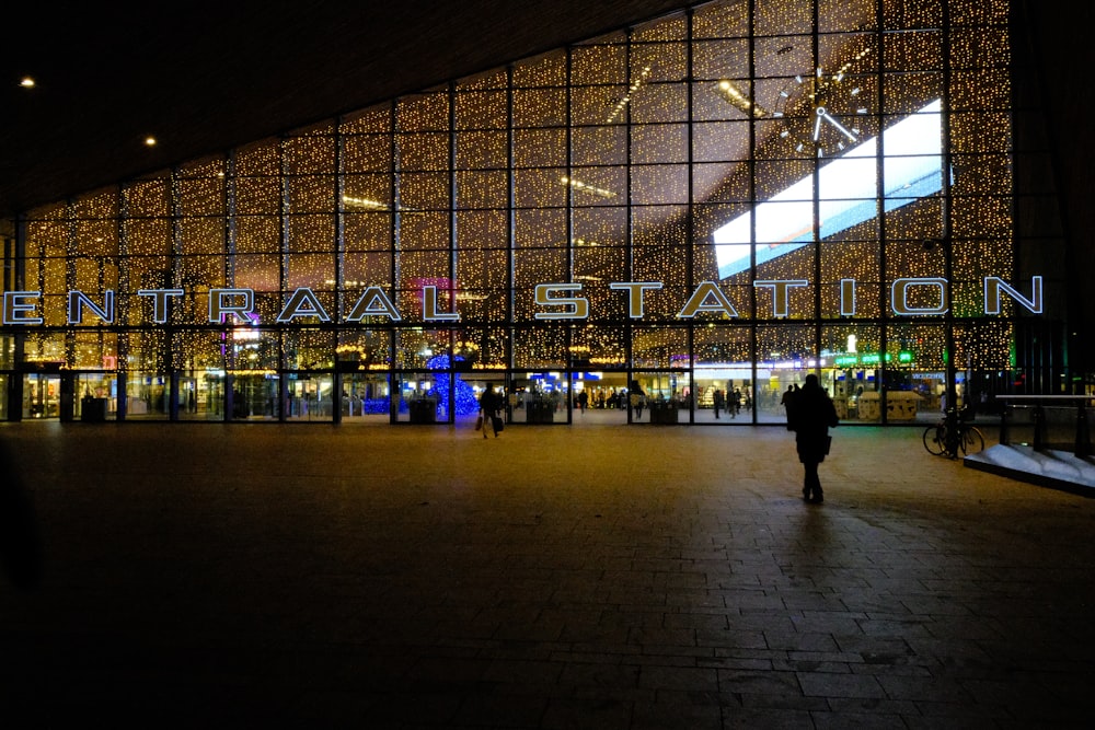 a person standing in front of a building at night