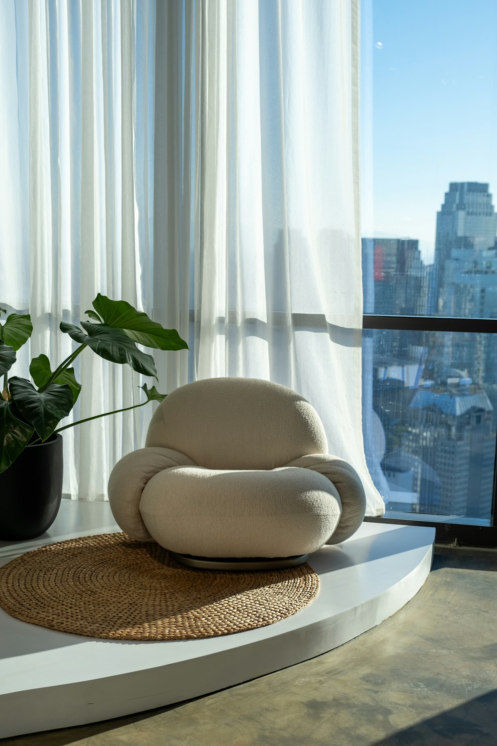 a chair and a potted plant in front of a window