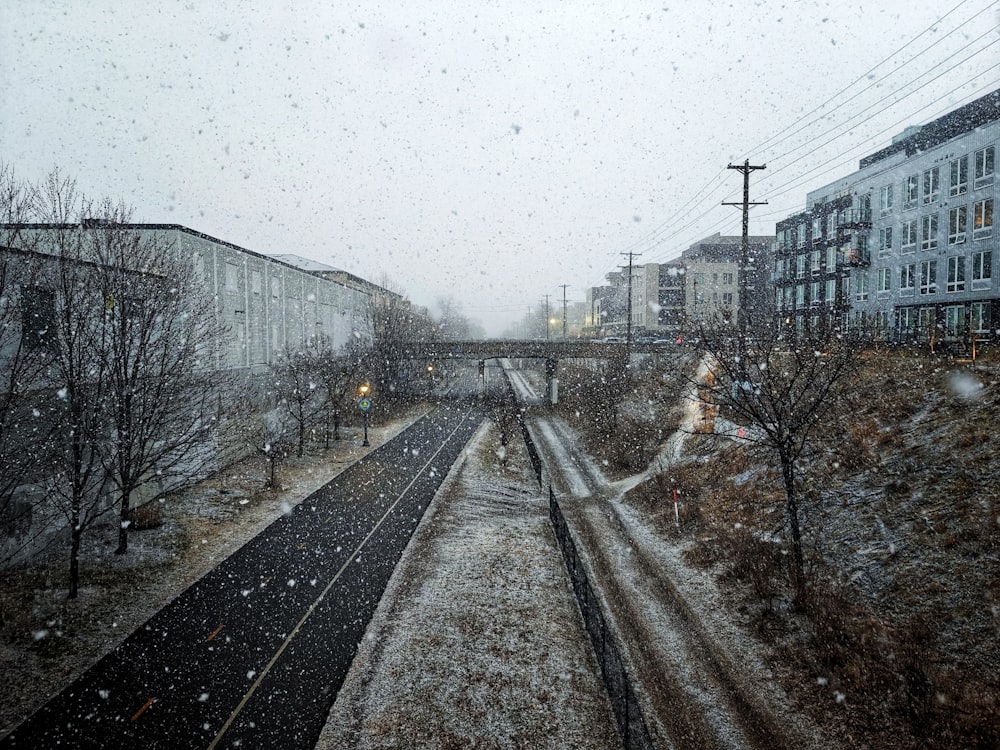 a train track in the middle of a snowy day